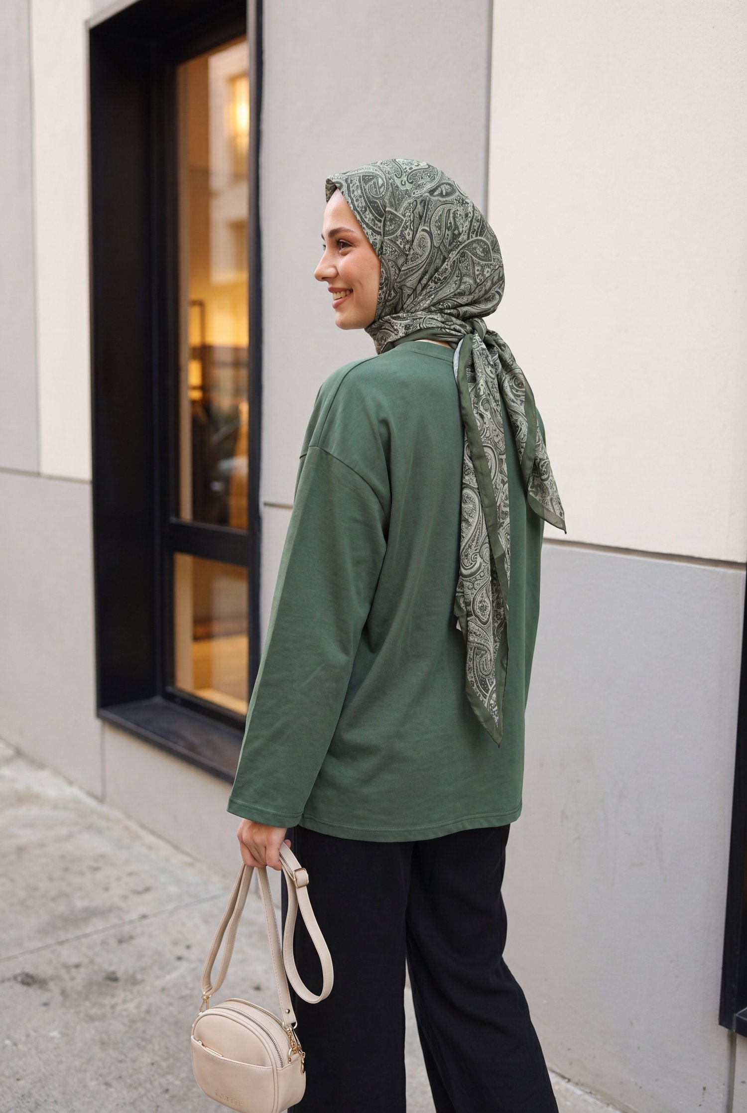 Bisiklet Yaka Uzun Kollu Oversize Penye Sweat -Haki