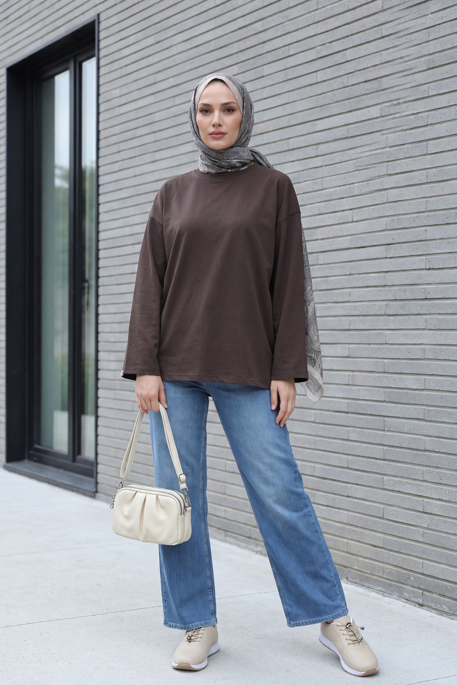 Bisiklet Yaka Uzun Kollu Oversize Penye Sweat -Koyu Kahverengi
