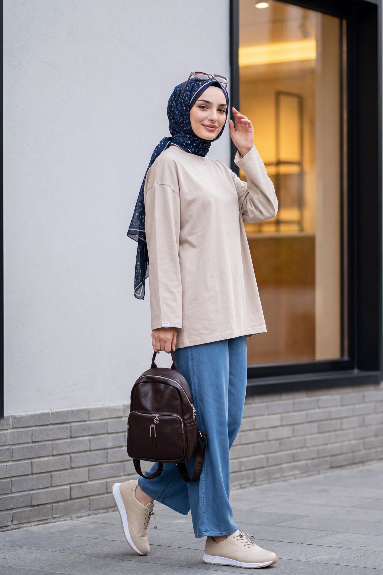 Bisiklet Yaka Uzun Kollu Oversize Penye Sweat -Taş rengi