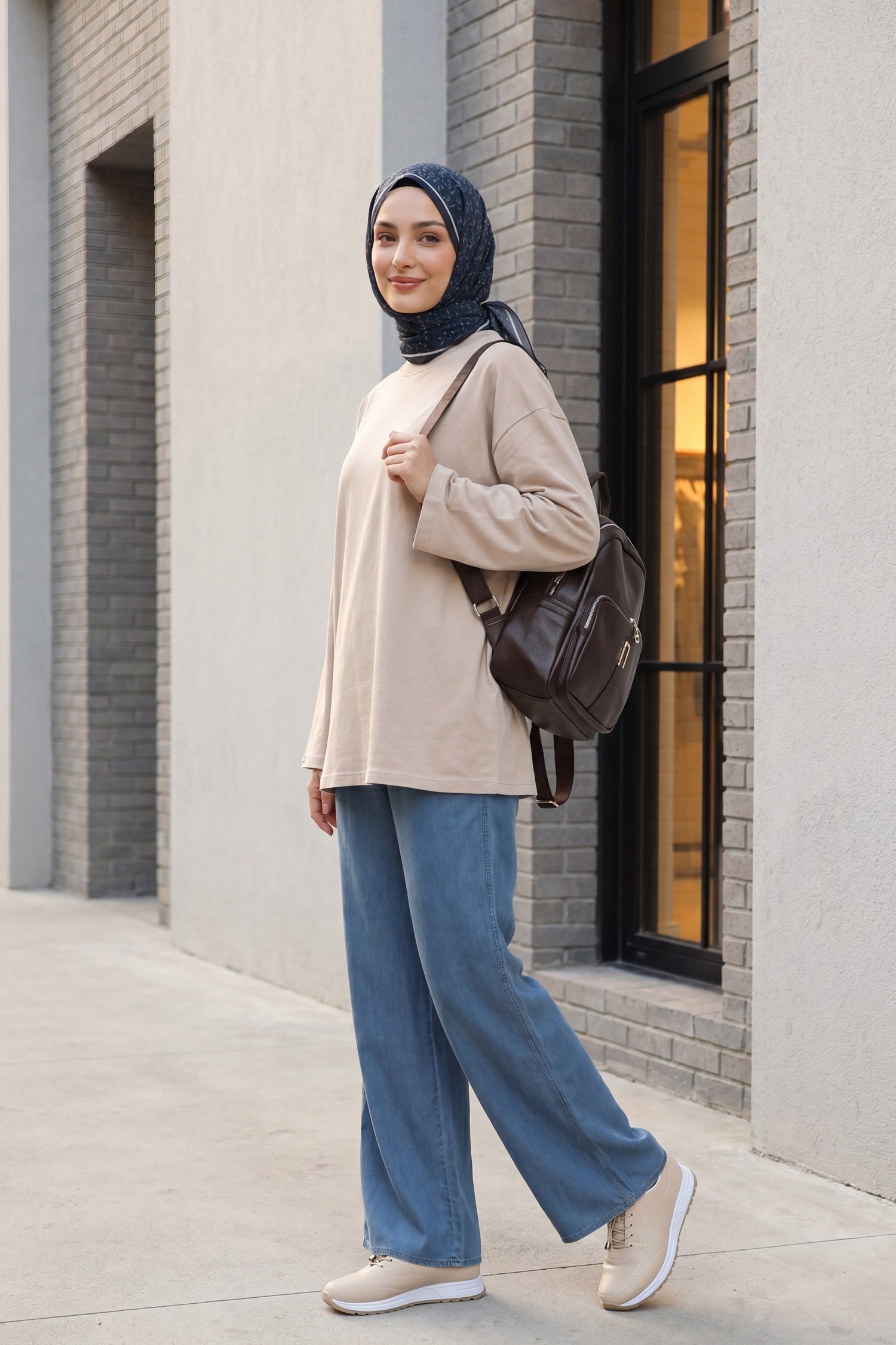 Bisiklet Yaka Uzun Kollu Oversize Penye Sweat -Taş rengi