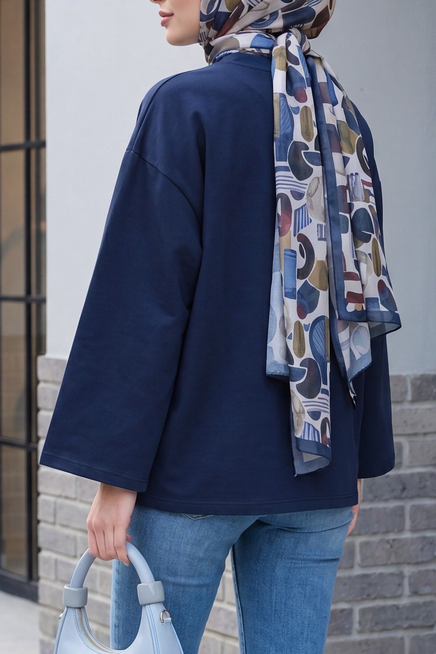 Bisiklet Yaka Uzun Kollu Oversize Penye Sweat -Lacivert