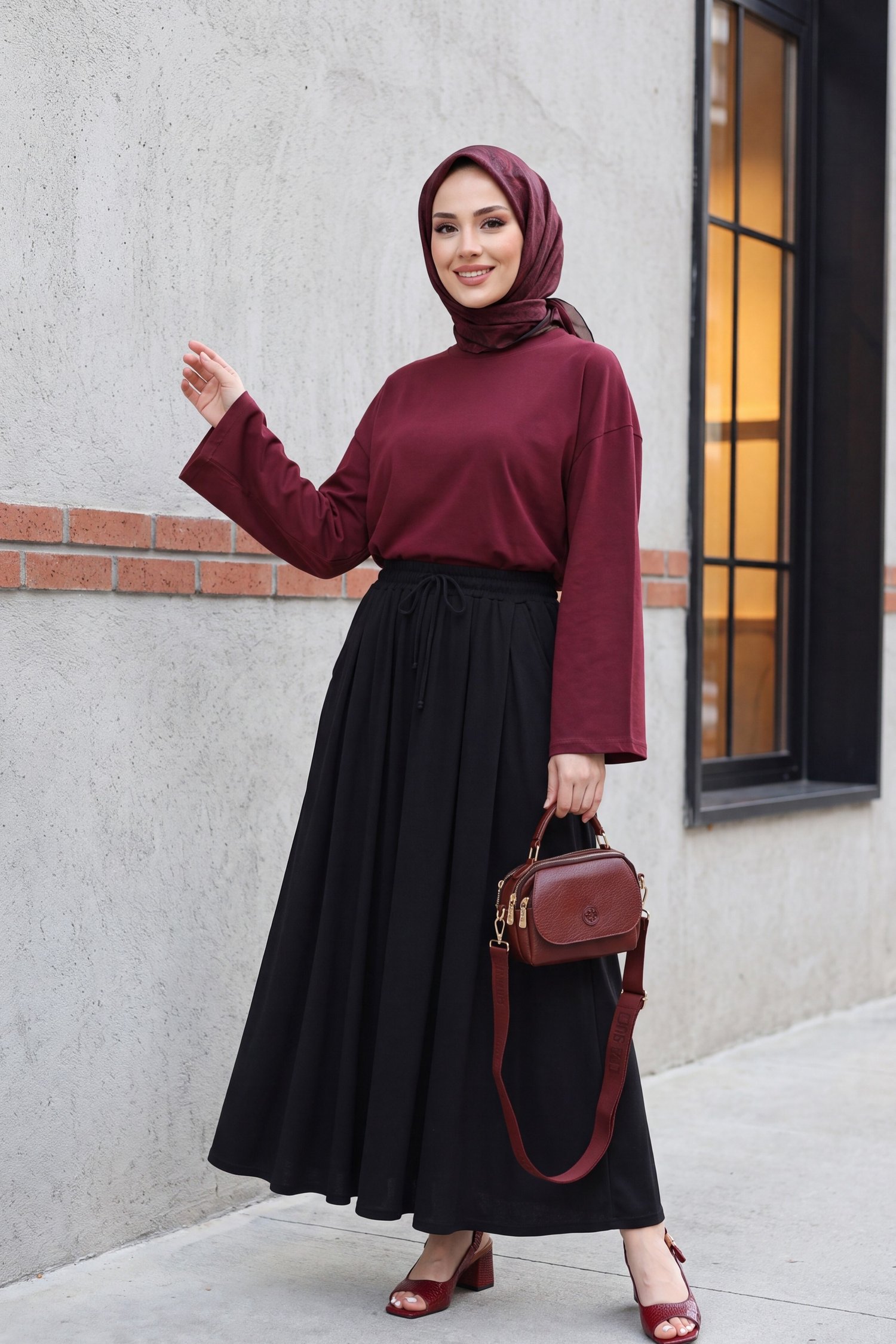 Bisiklet Yaka Uzun Kollu Oversize Penye Sweat  -Bordo