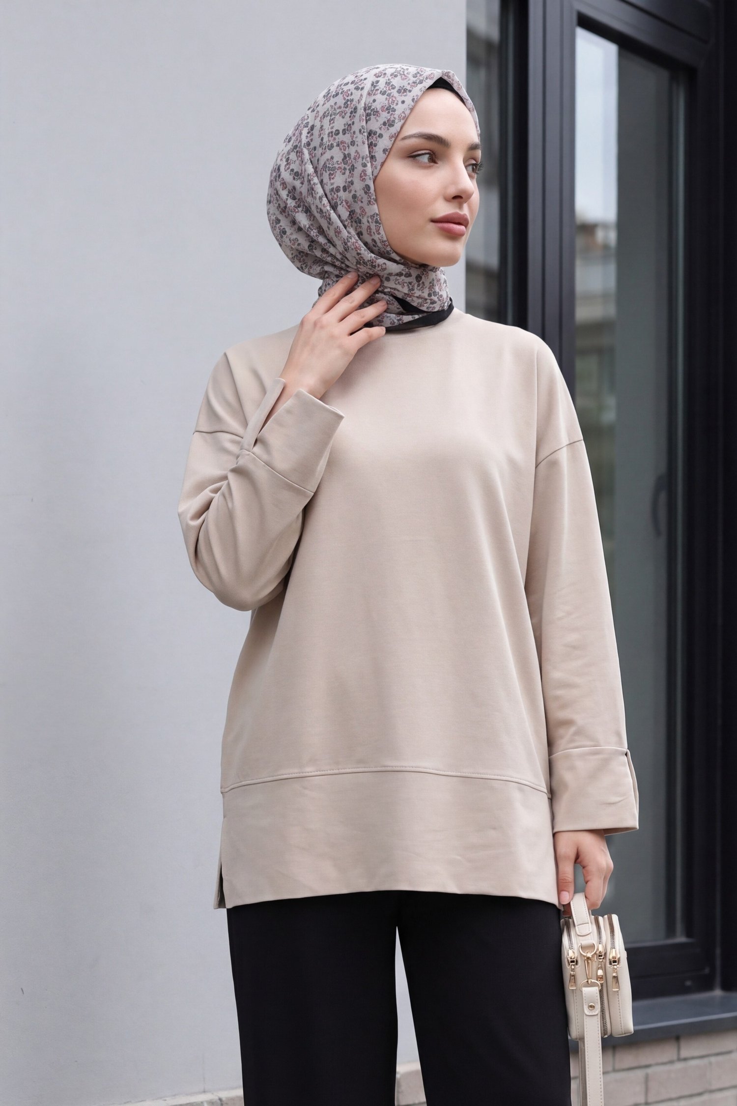 Bisiklet Yaka Yırtmaçlı Oversize Penye Tunik  -Vizon