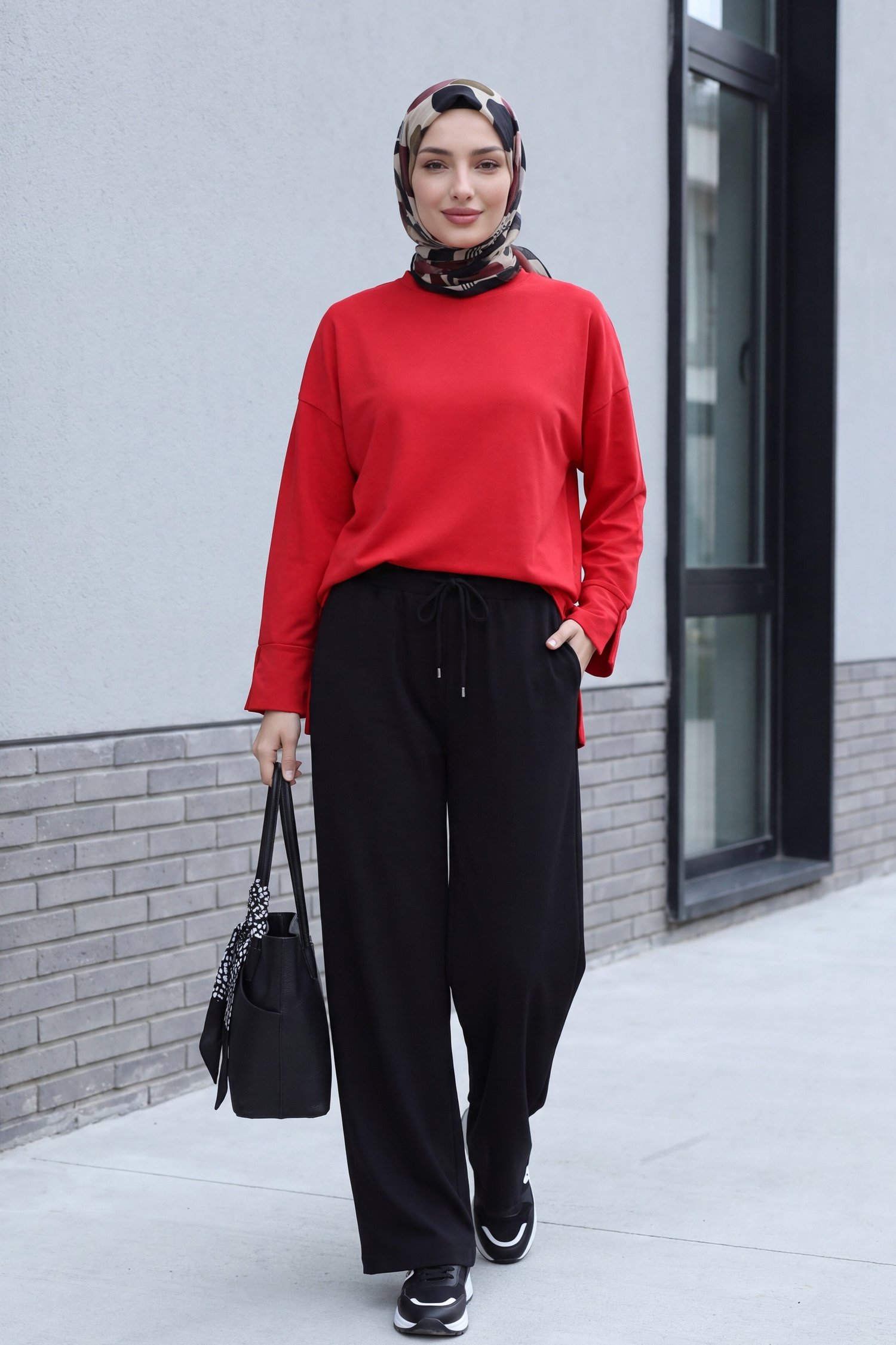 Bisiklet Yaka Yırtmaçlı Oversize Penye Tunik  -Kırmızı