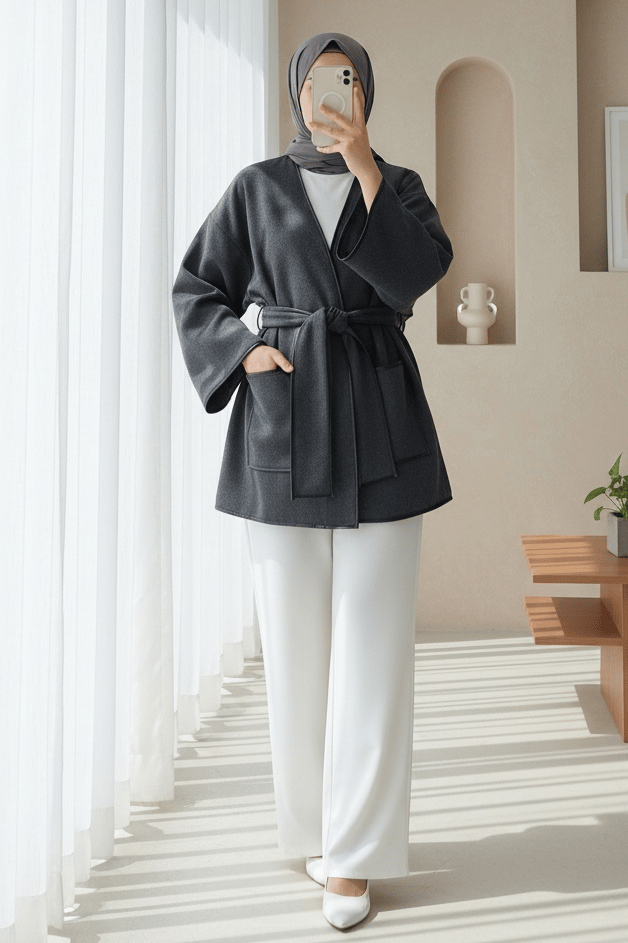 Biye Detaylı Çift Cepli Kuşaklı Kaşe Kimono -Füme