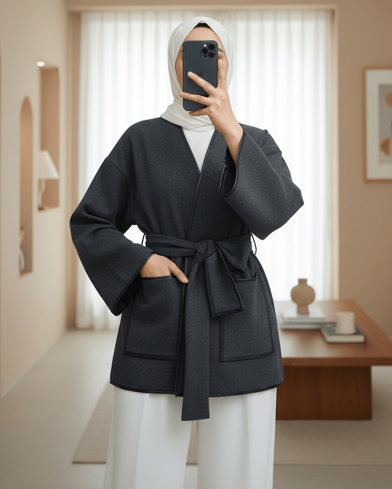 Biye Detaylı Çift Cepli Kuşaklı Kaşe Kimono -Füme