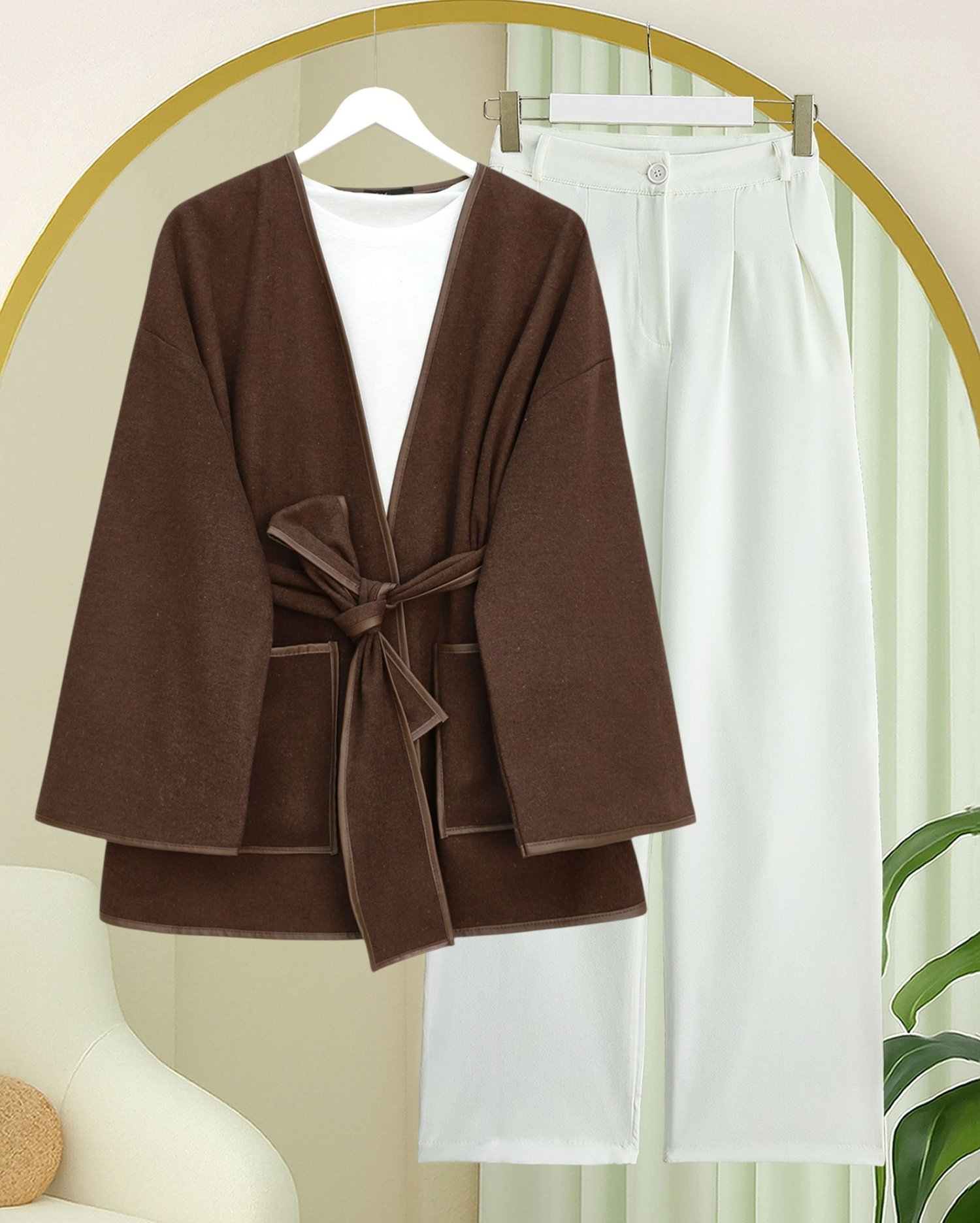 Biye Detaylı Çift Cepli Kuşaklı Kaşe Kimono -Kahve