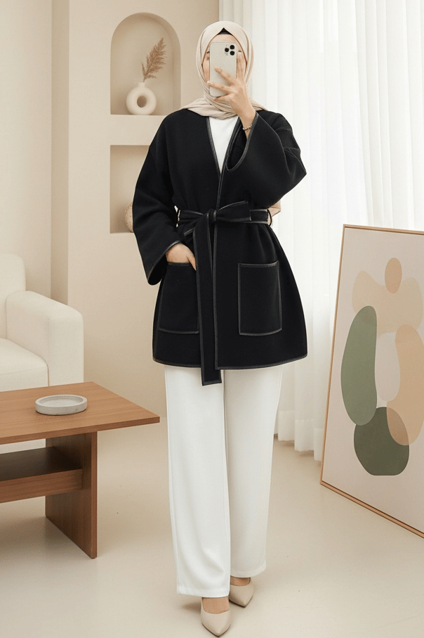 Biye Detaylı Çift Cepli Kuşaklı Kaşe Kimono -Siyah