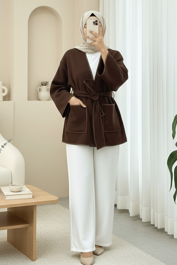 Biye Detaylı Çift Cepli Kuşaklı Kaşe Kimono -Kahve