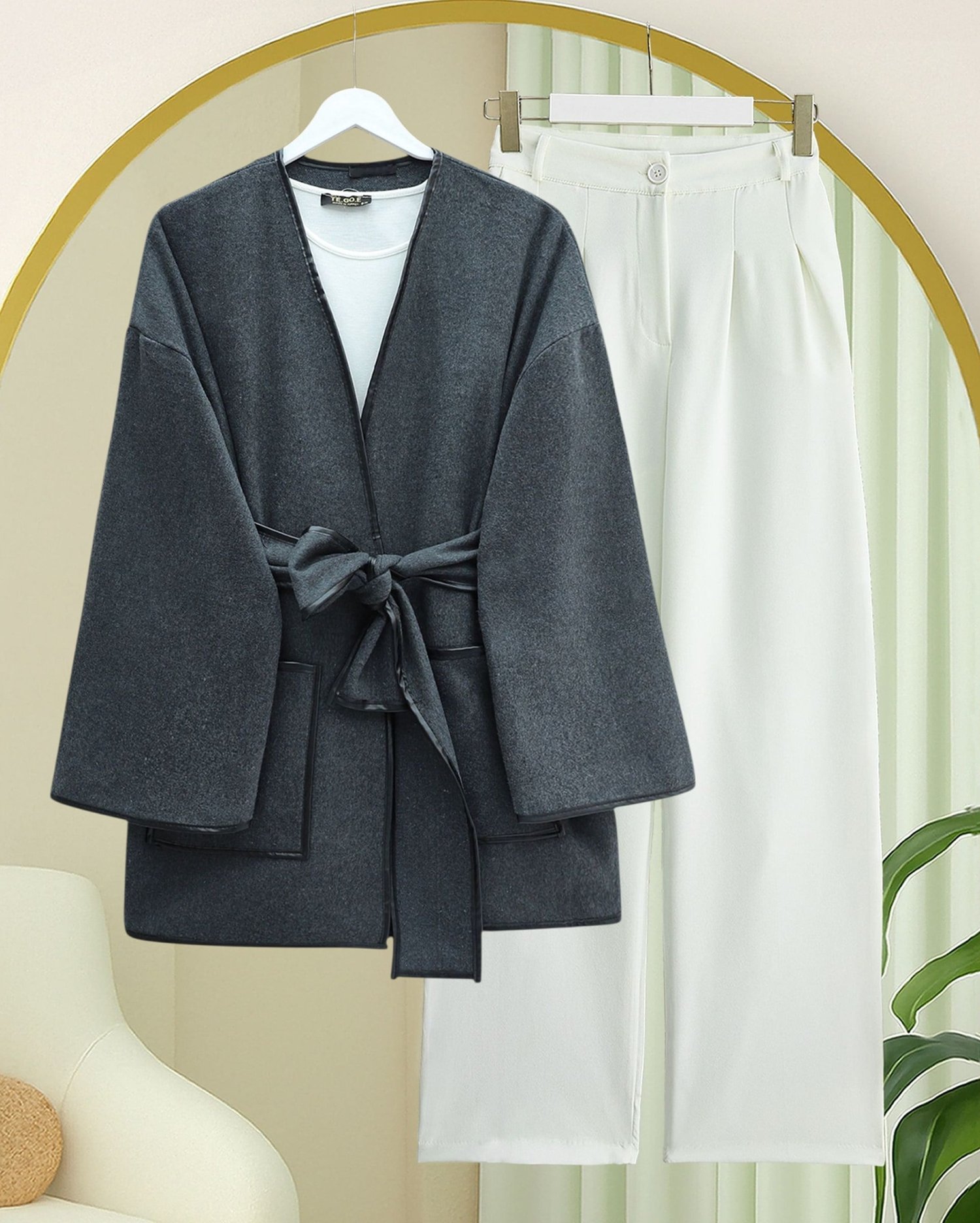 Biye Detaylı Çift Cepli Kuşaklı Kaşe Kimono -Füme