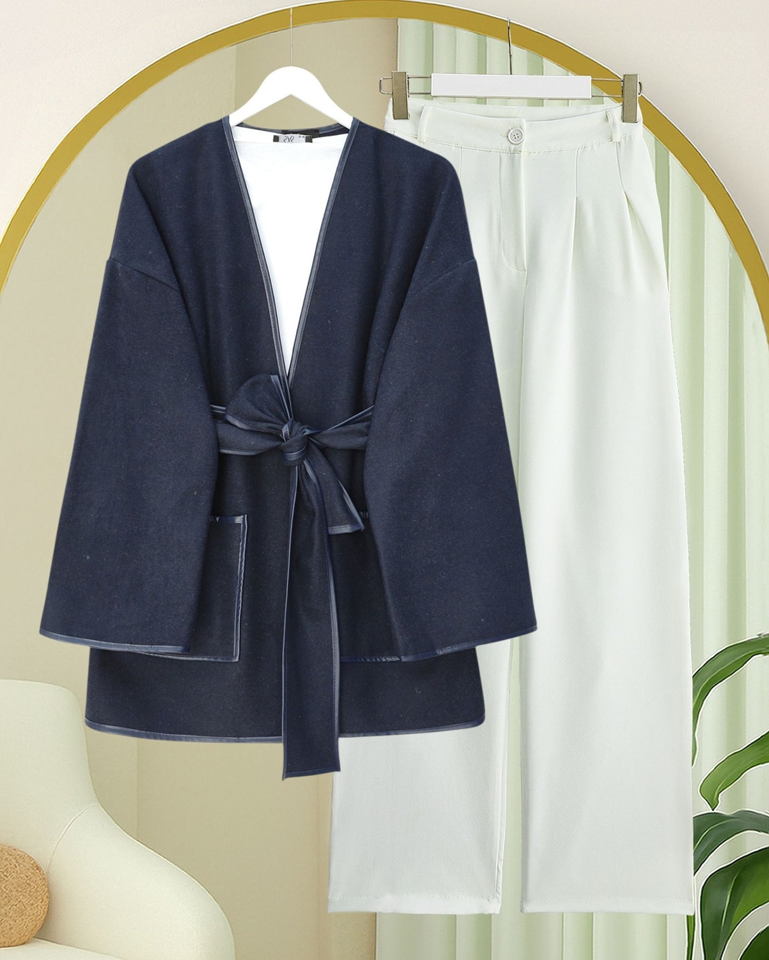 Biye Detaylı Çift Cepli Kuşaklı Kaşe Kimono -Laci