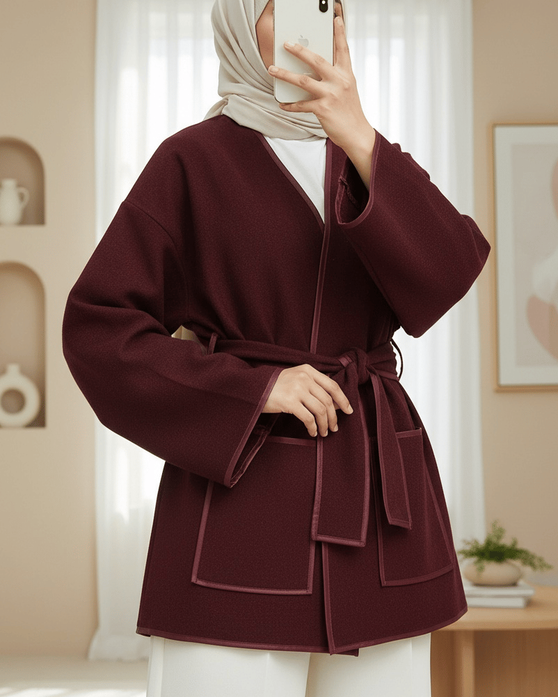Biye Detaylı Çift Cepli Kuşaklı Kaşe Kimono -Bordo