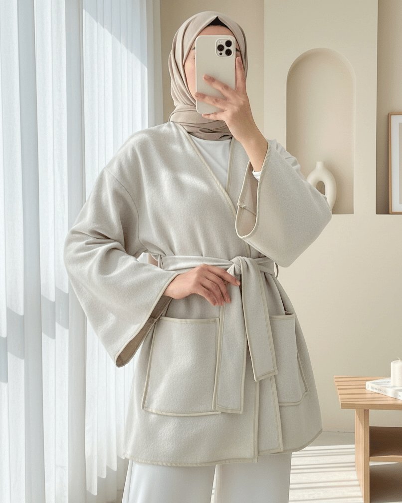 Biye Detaylı Çift Cepli Kuşaklı Kaşe Kimono -Bej