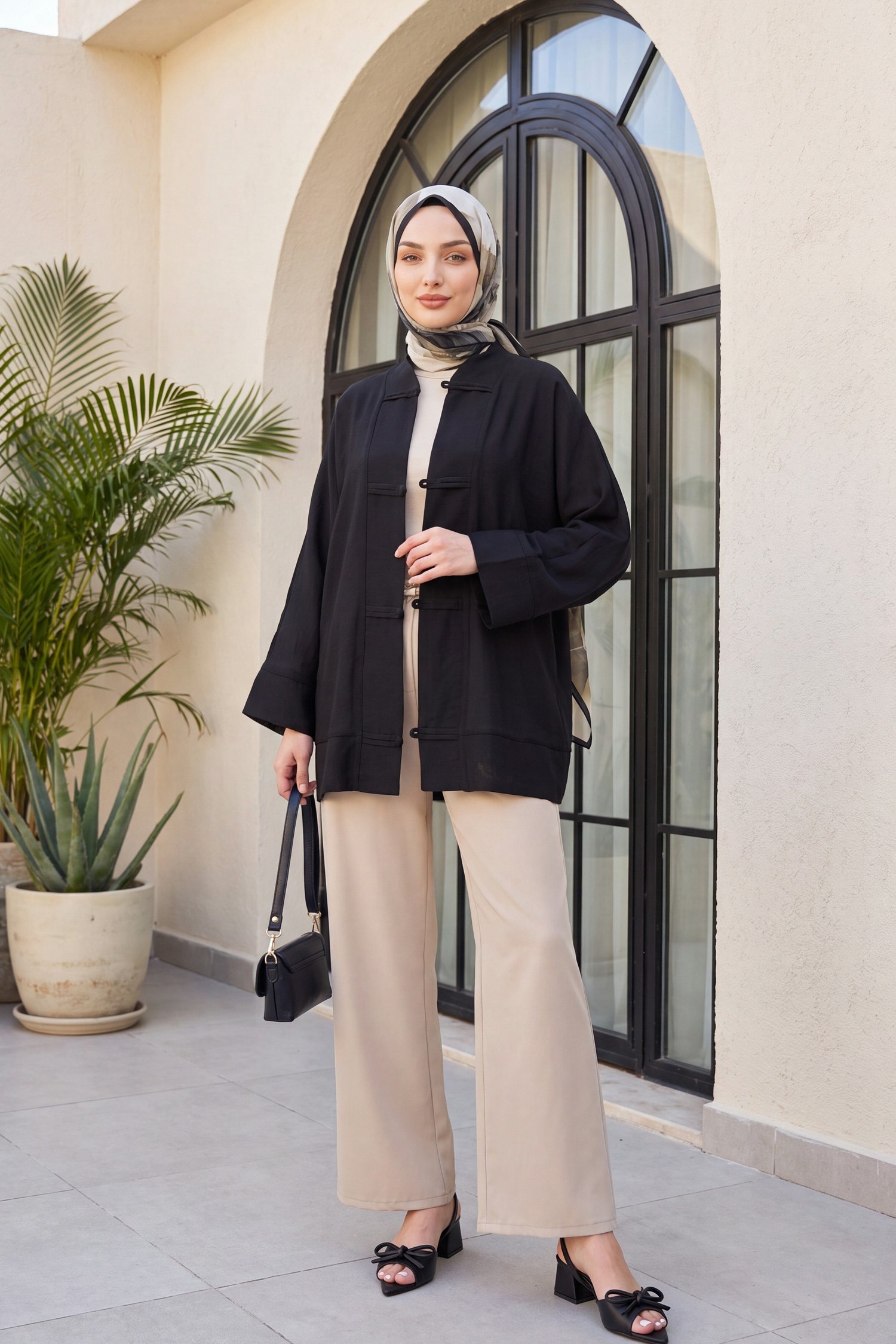 Biye Düğmeli V Yaka Organze Vual Oversize Kimono -Siyah