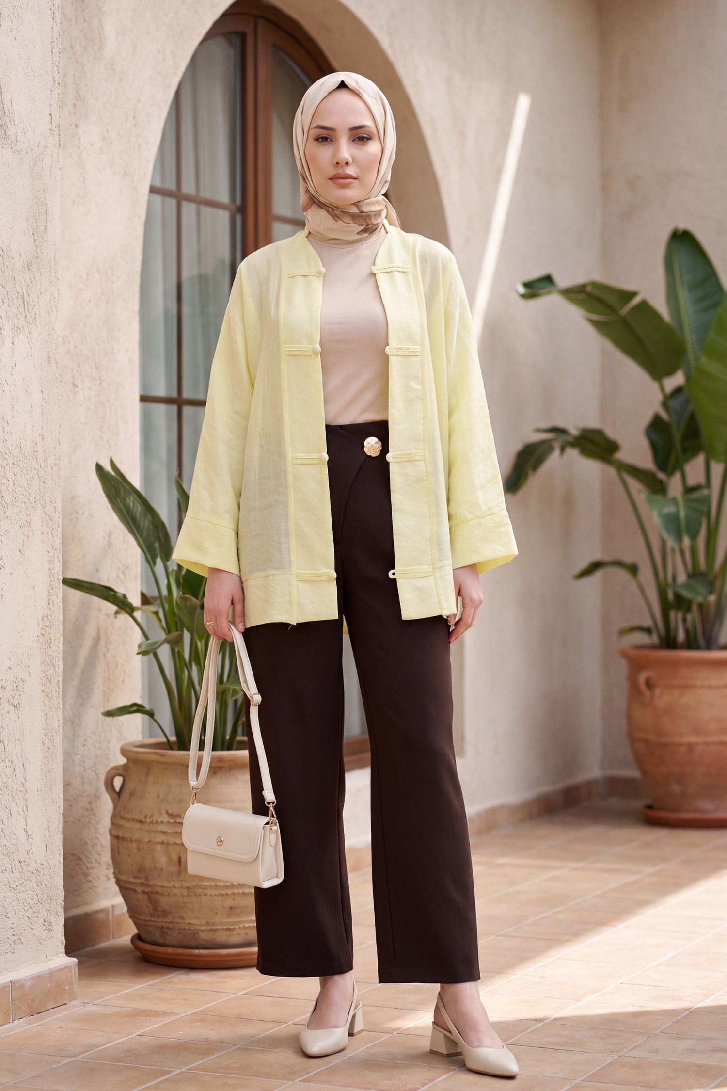 Biye Düğmeli V Yaka Organze Vual Oversize Kimono -Sarı