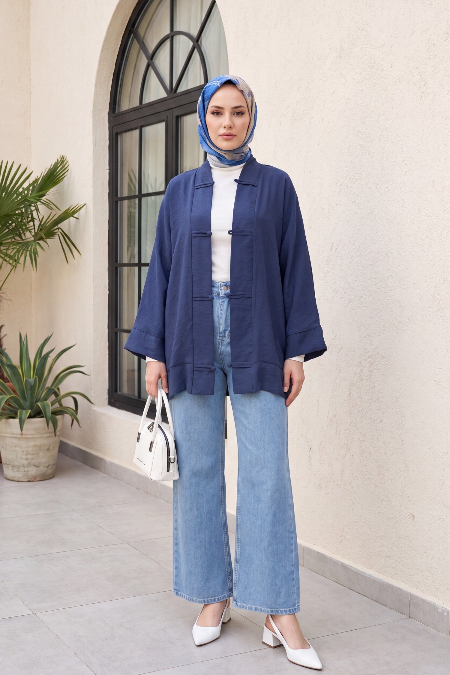 Biye Düğmeli V Yaka Organze Vual Oversize Kimono -Lacivert