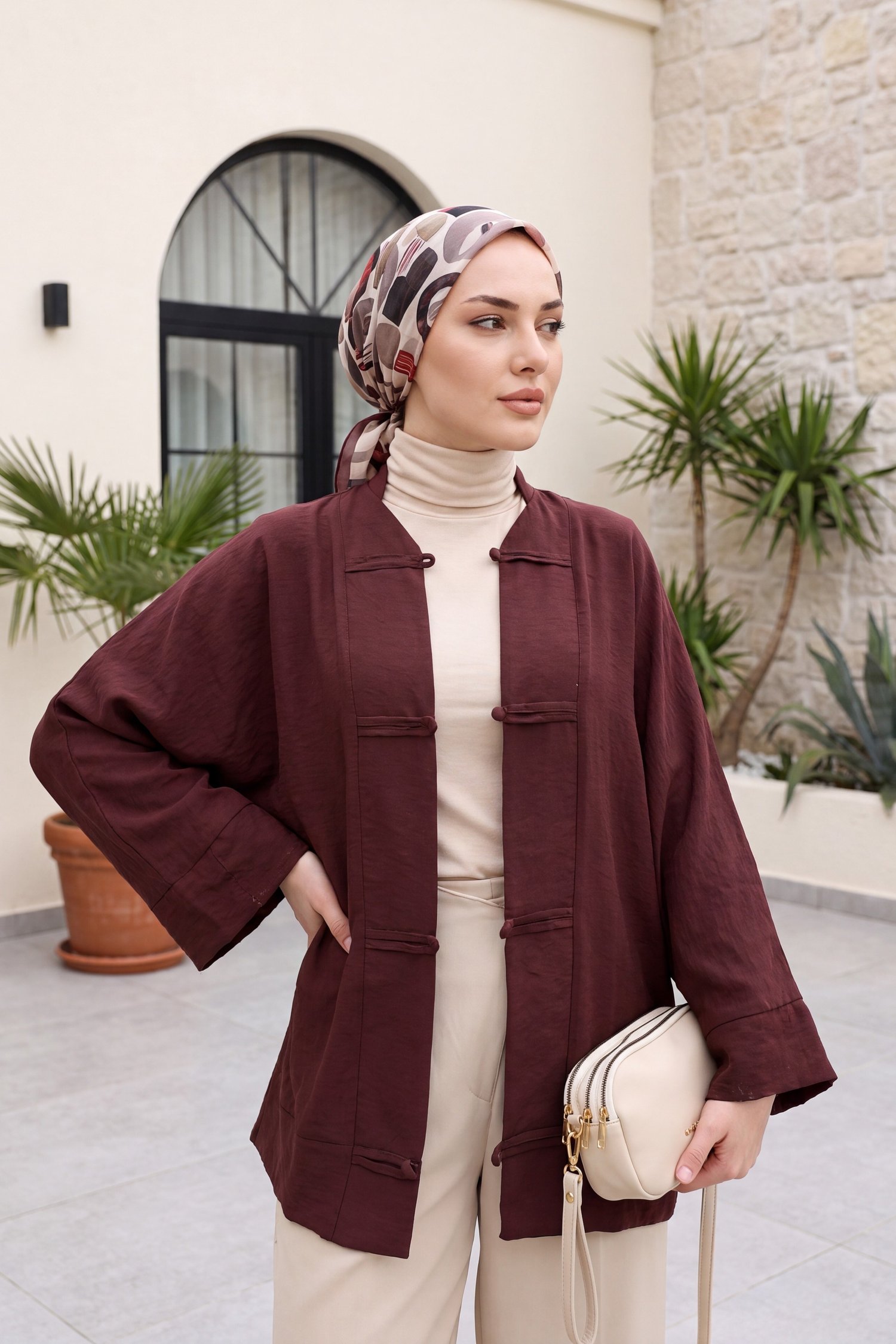 Biye Düğmeli V Yaka Organze Vual Oversize Kimono -Bordo