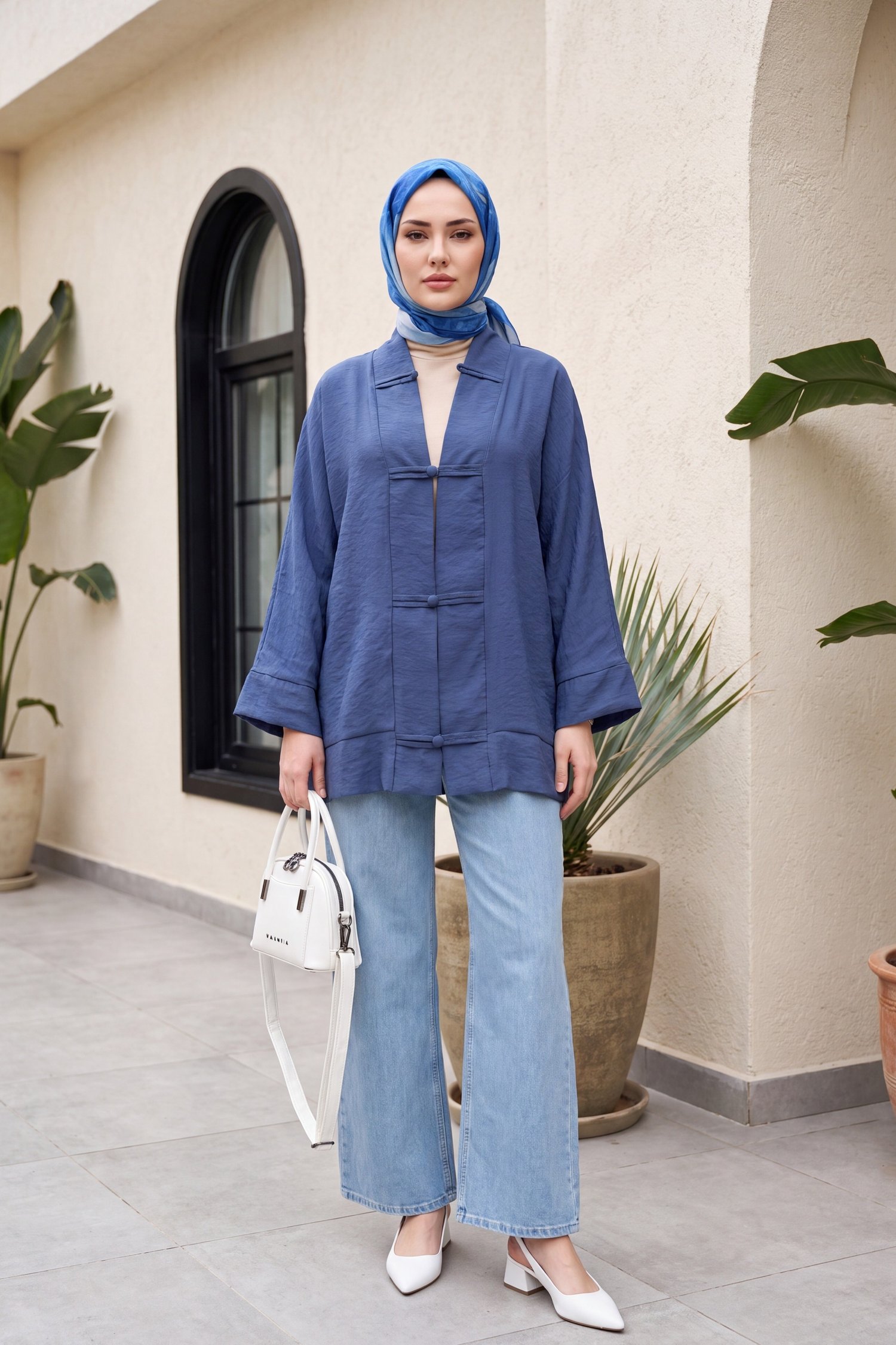 Biye Düğmeli V Yaka Organze Vual Oversize Kimono -Lacivert