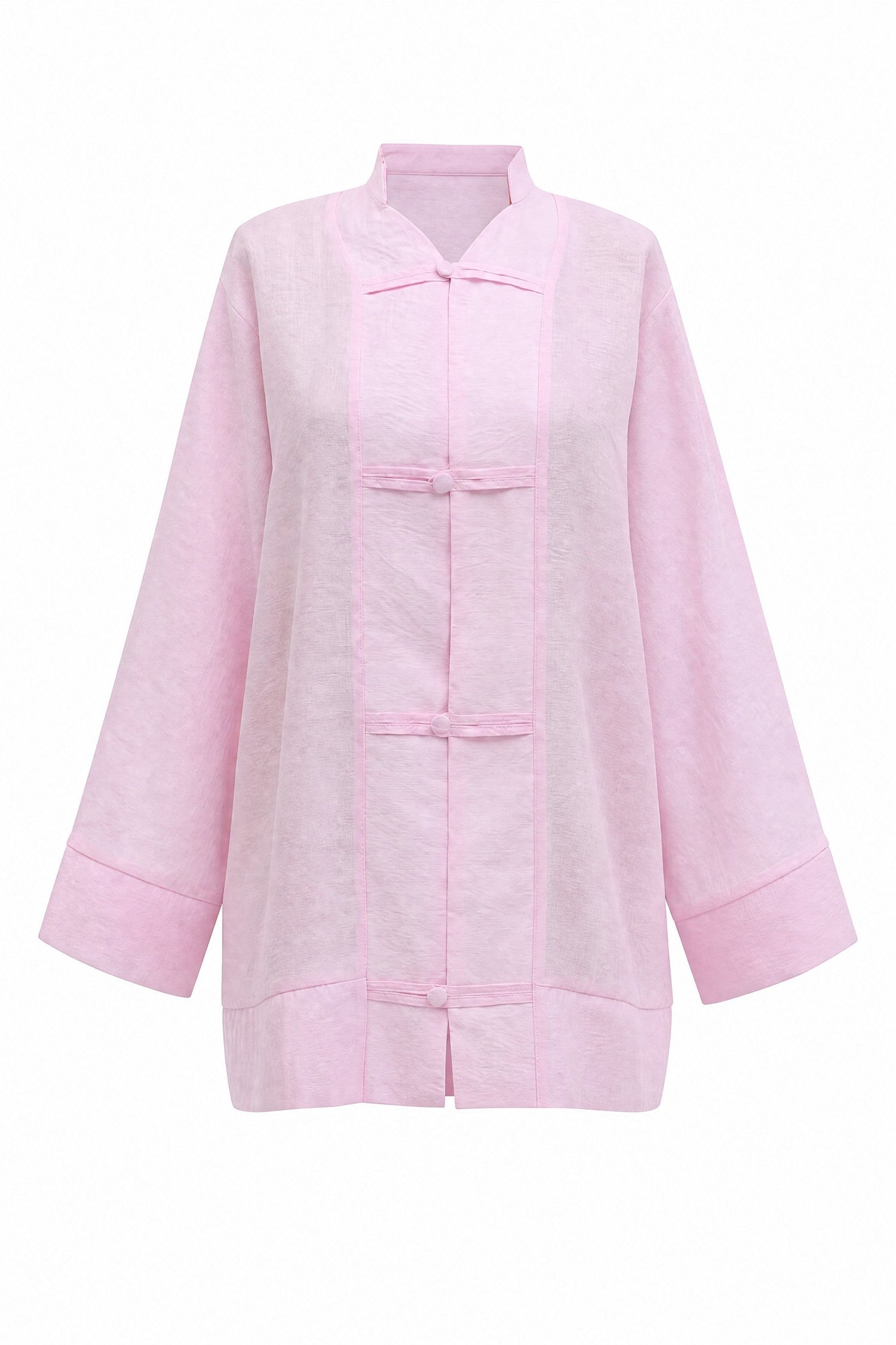 Biye Düğmeli V Yaka Organze Vual Oversize Kimono -Pembe