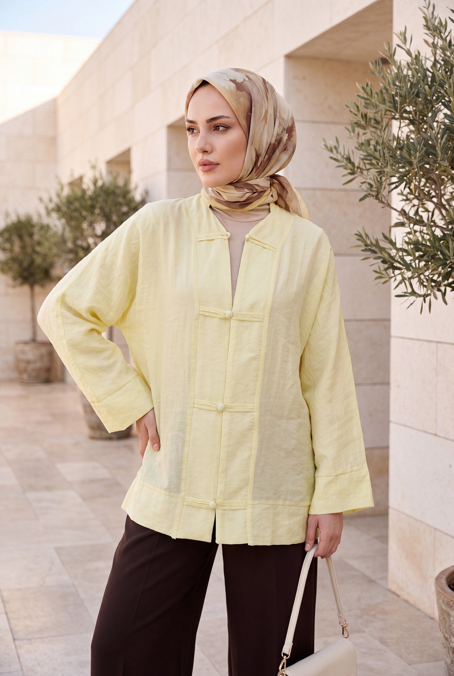 Biye Düğmeli V Yaka Organze Vual Oversize Kimono -Sarı