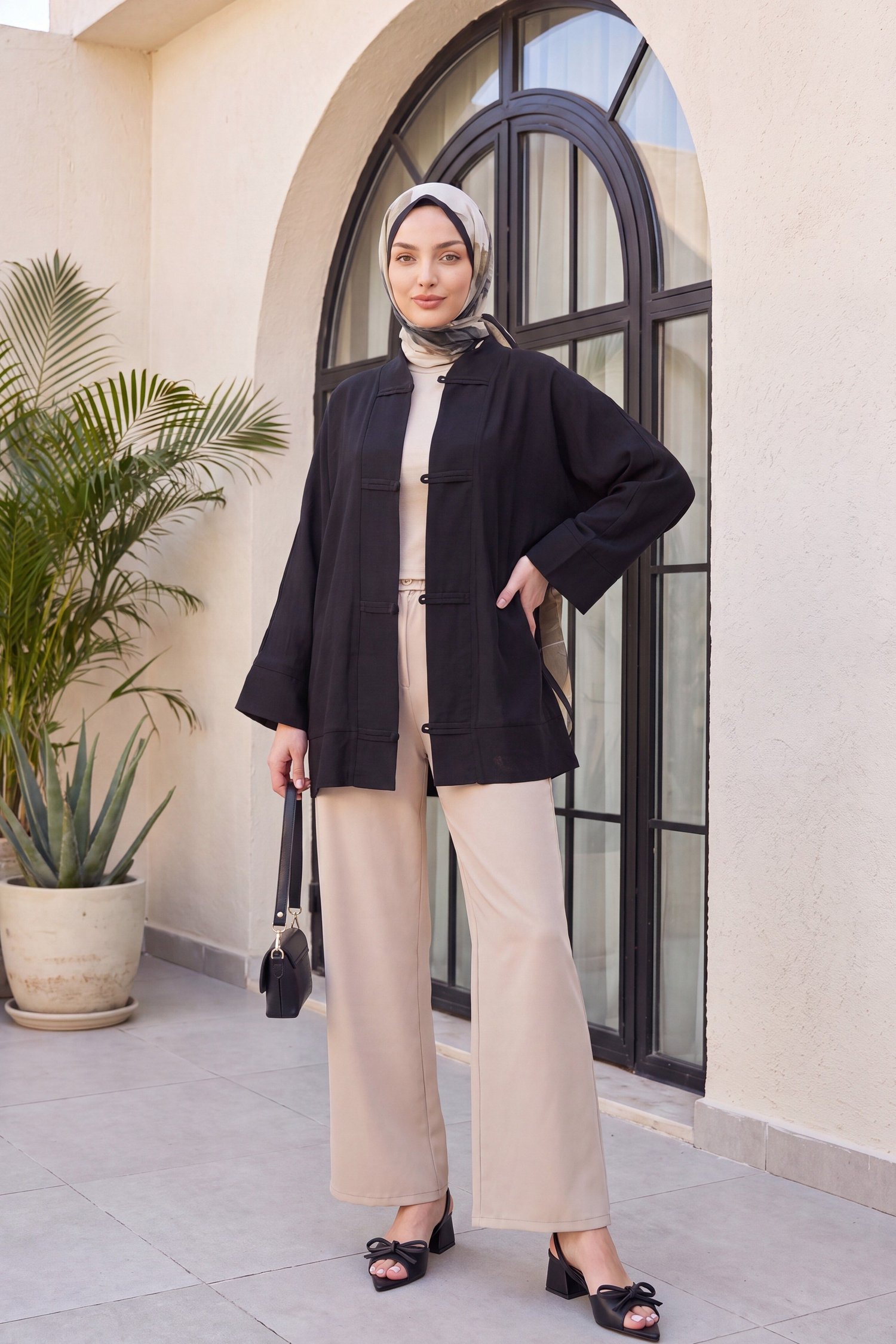 Biye Düğmeli V Yaka Organze Vual Oversize Kimono -Siyah
