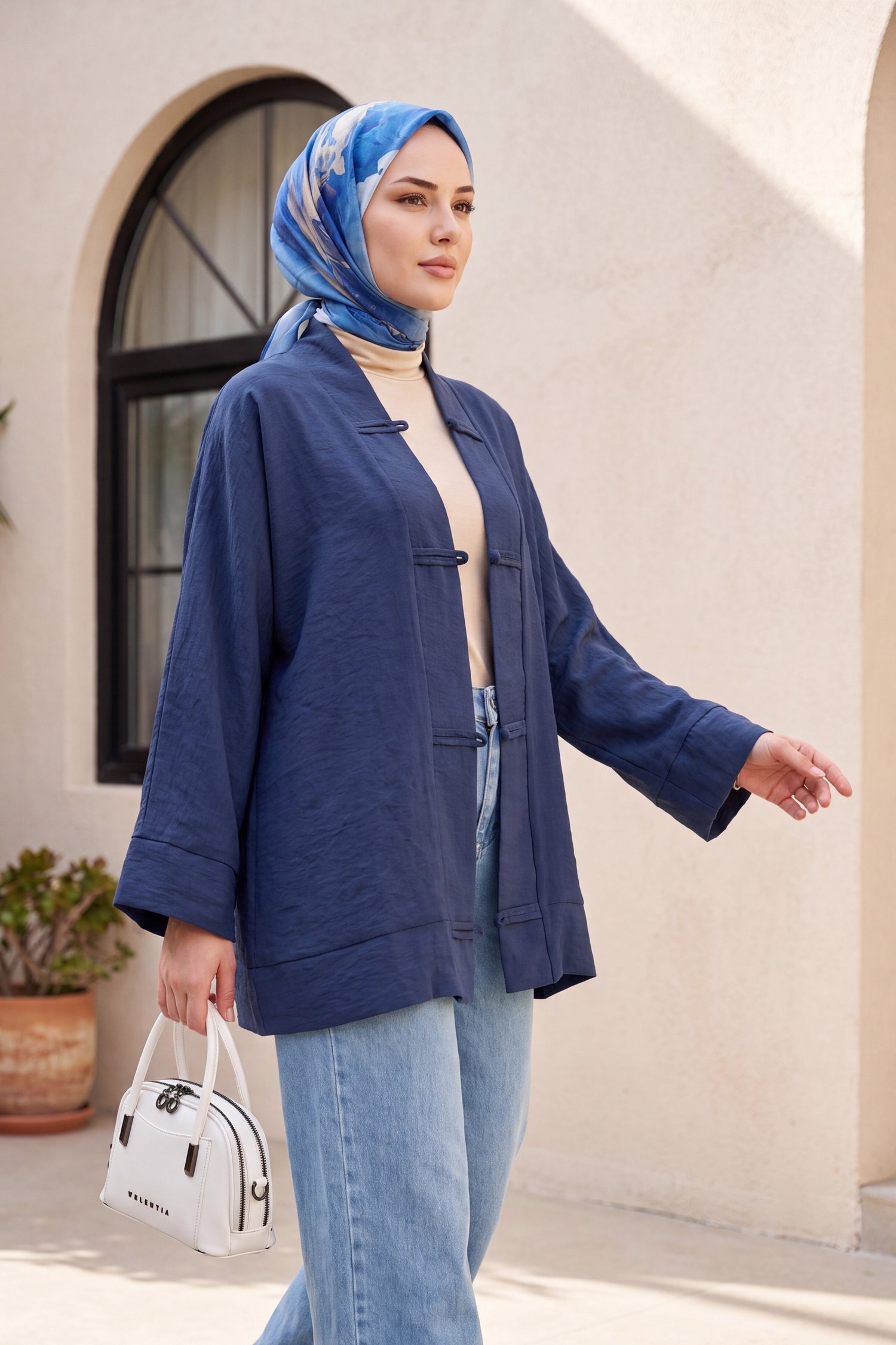 Biye Düğmeli V Yaka Organze Vual Oversize Kimono -Lacivert