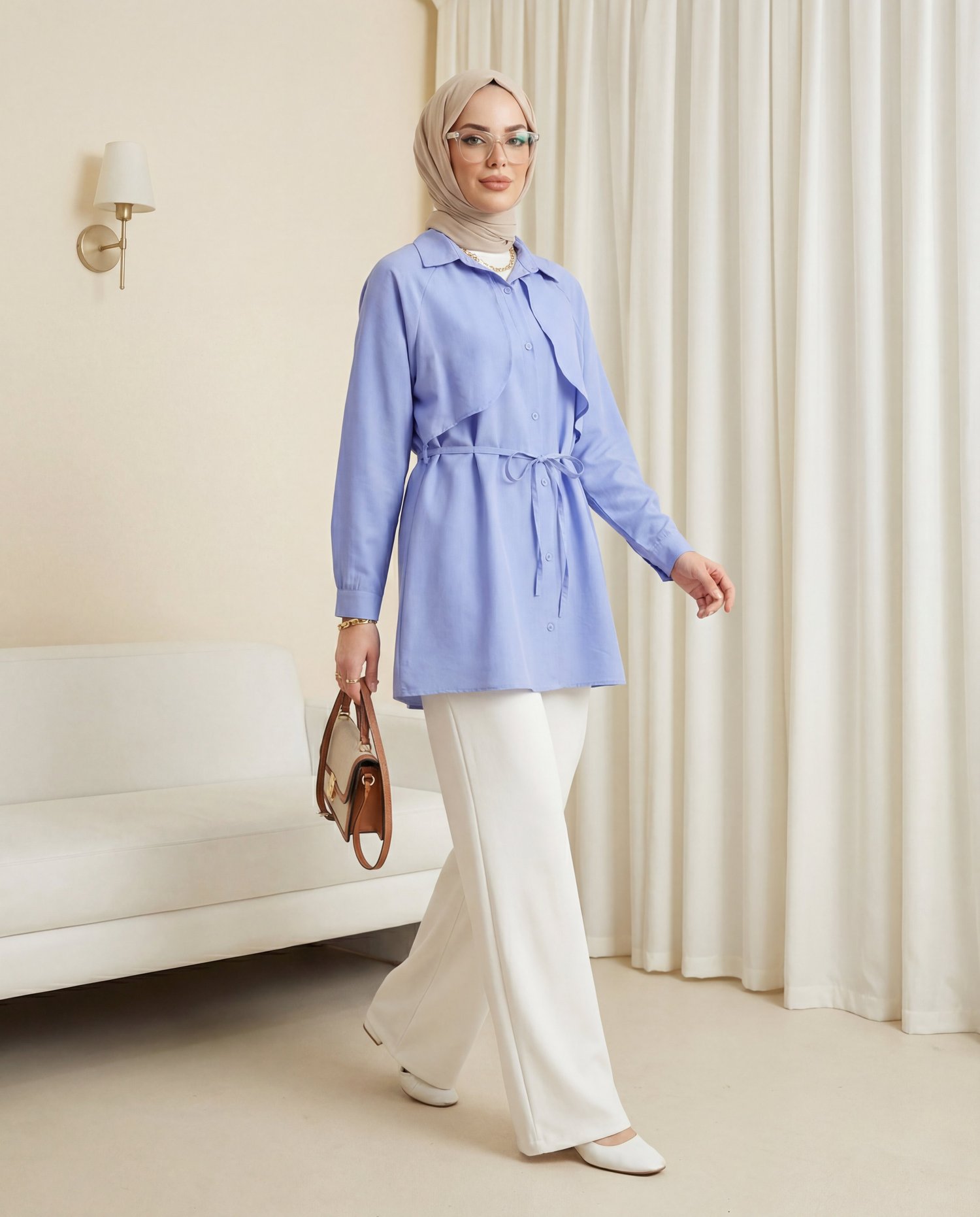 Bolero Detaylı Bağcıklı Poplin Tunik -Bebe Mavi