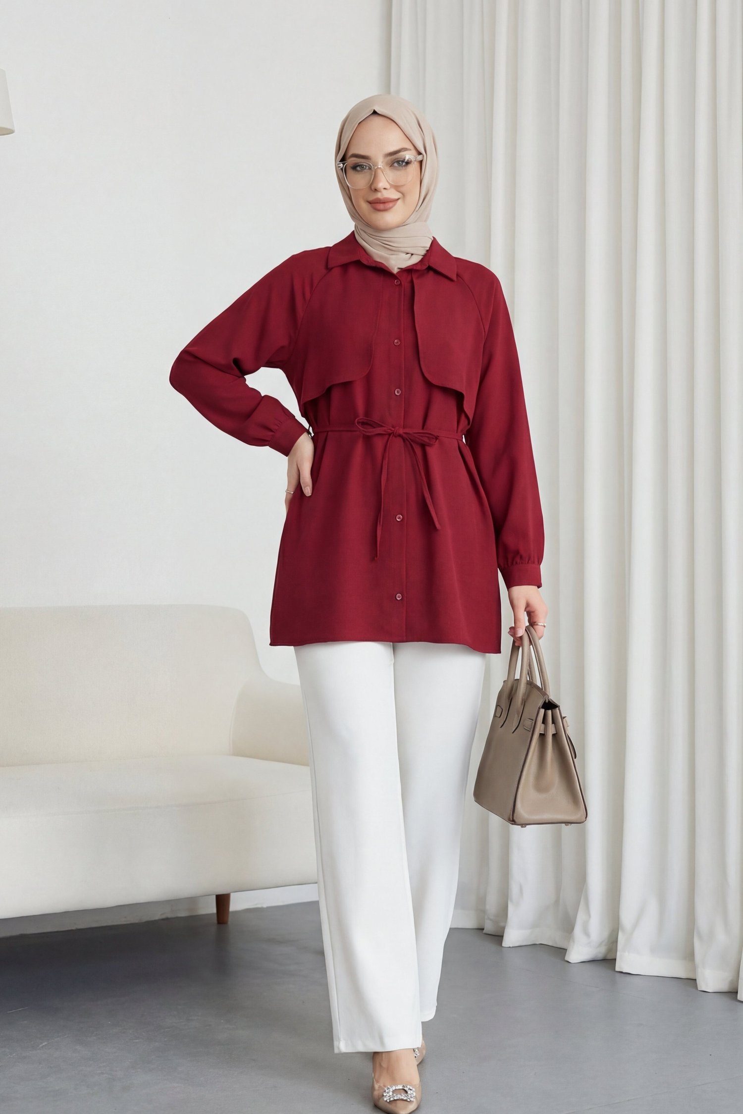 Bolero Detaylı Bağcıklı Poplin Tunik -Bordo