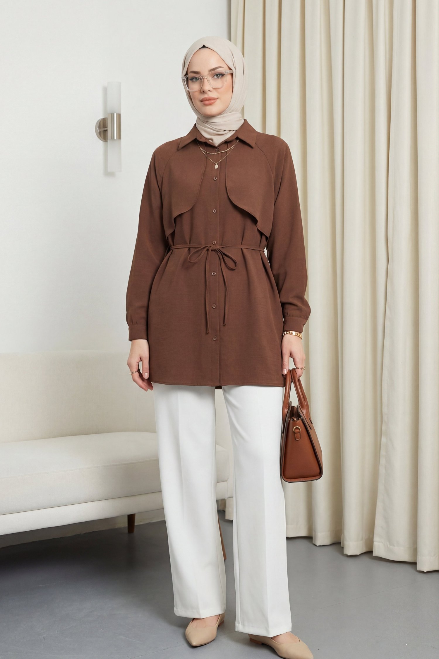 Bolero Detaylı Bağcıklı Poplin Tunik -Kahve