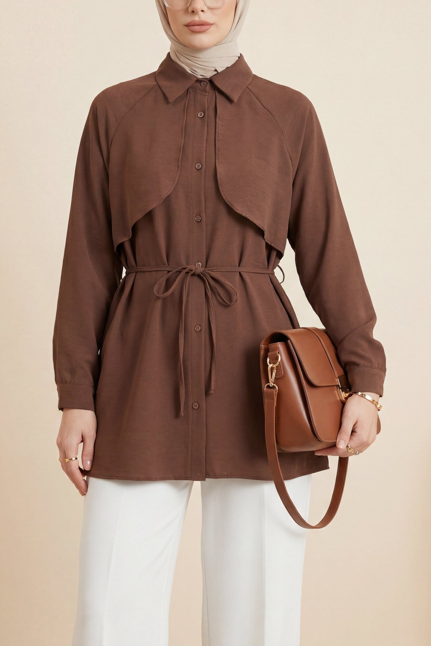 Bolero Detaylı Bağcıklı Poplin Tunik -Kahve