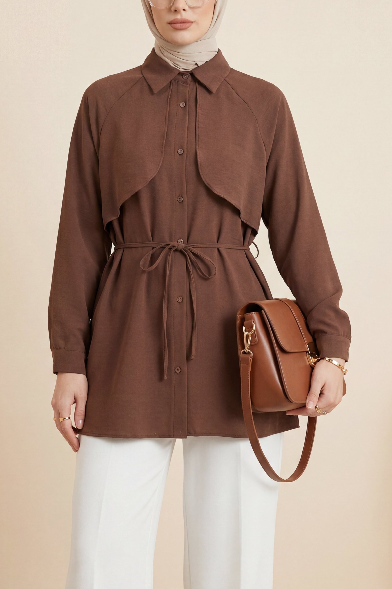 Bolero Detaylı Bağcıklı Poplin Tunik -Kahve
