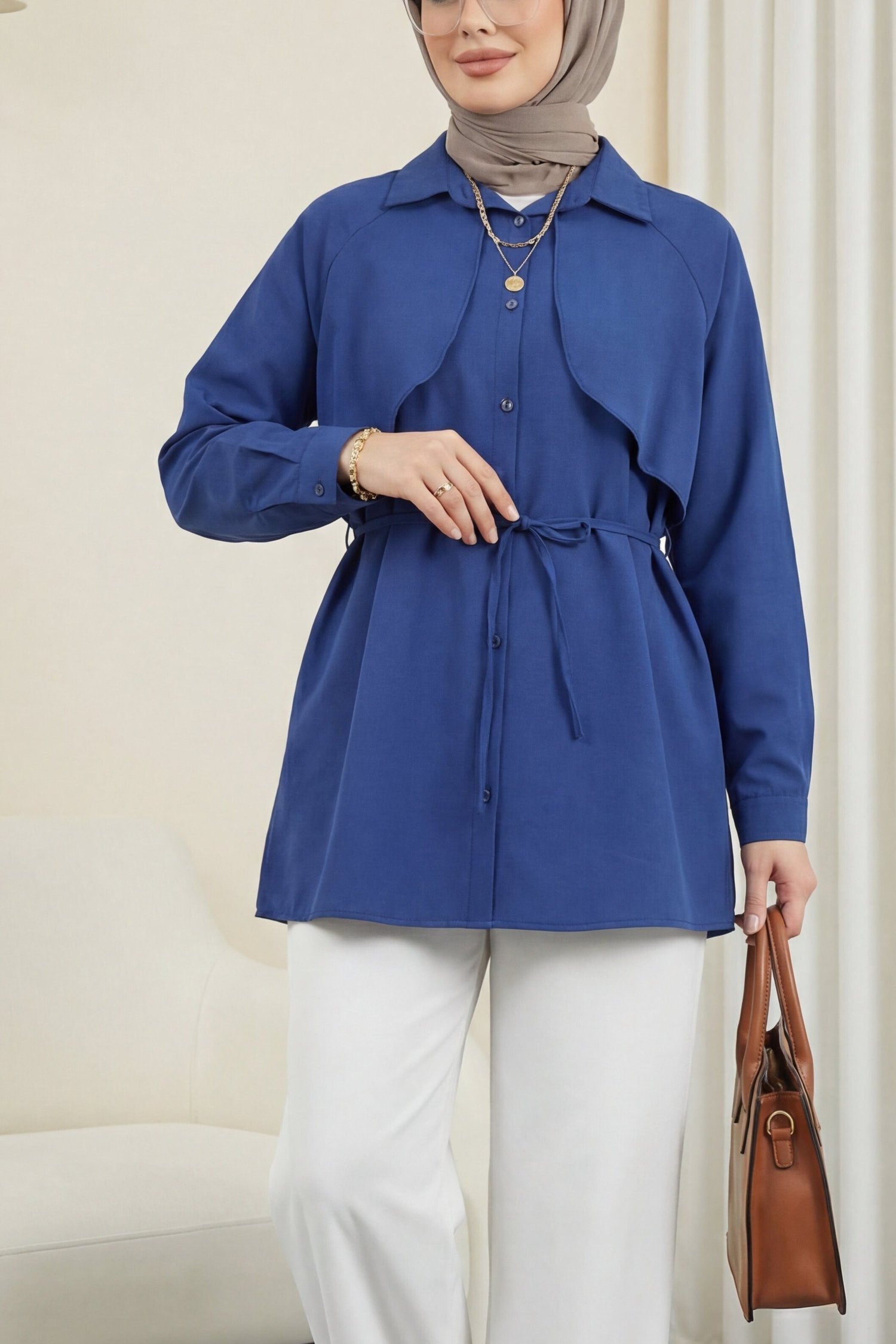 Bolero Detaylı Bağcıklı Poplin Tunik -Laci