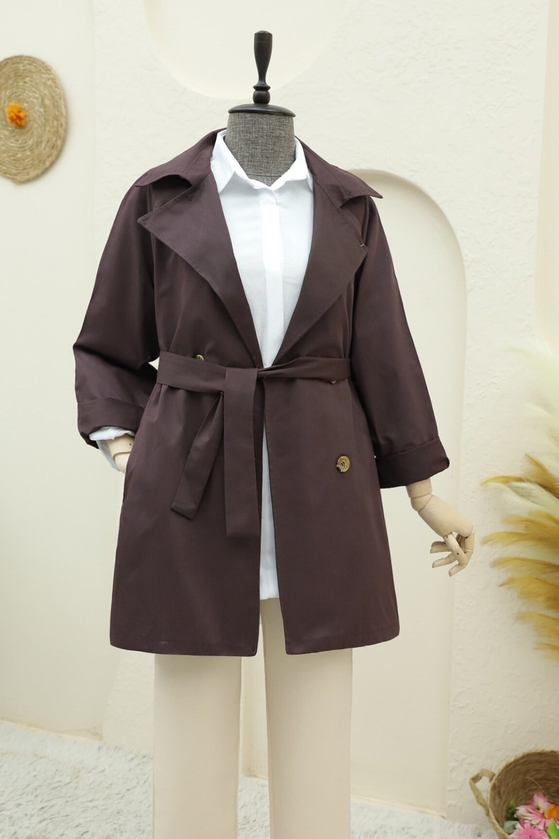 Bolero Detaylı Düğmeli Ara Boy Trençkot -Mürdüm