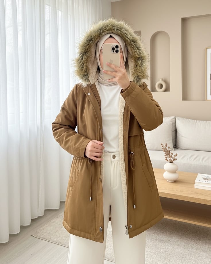 Bolero Detaylı Kürklü Kapşonlu İçi Peluşlu Mont -Taba
