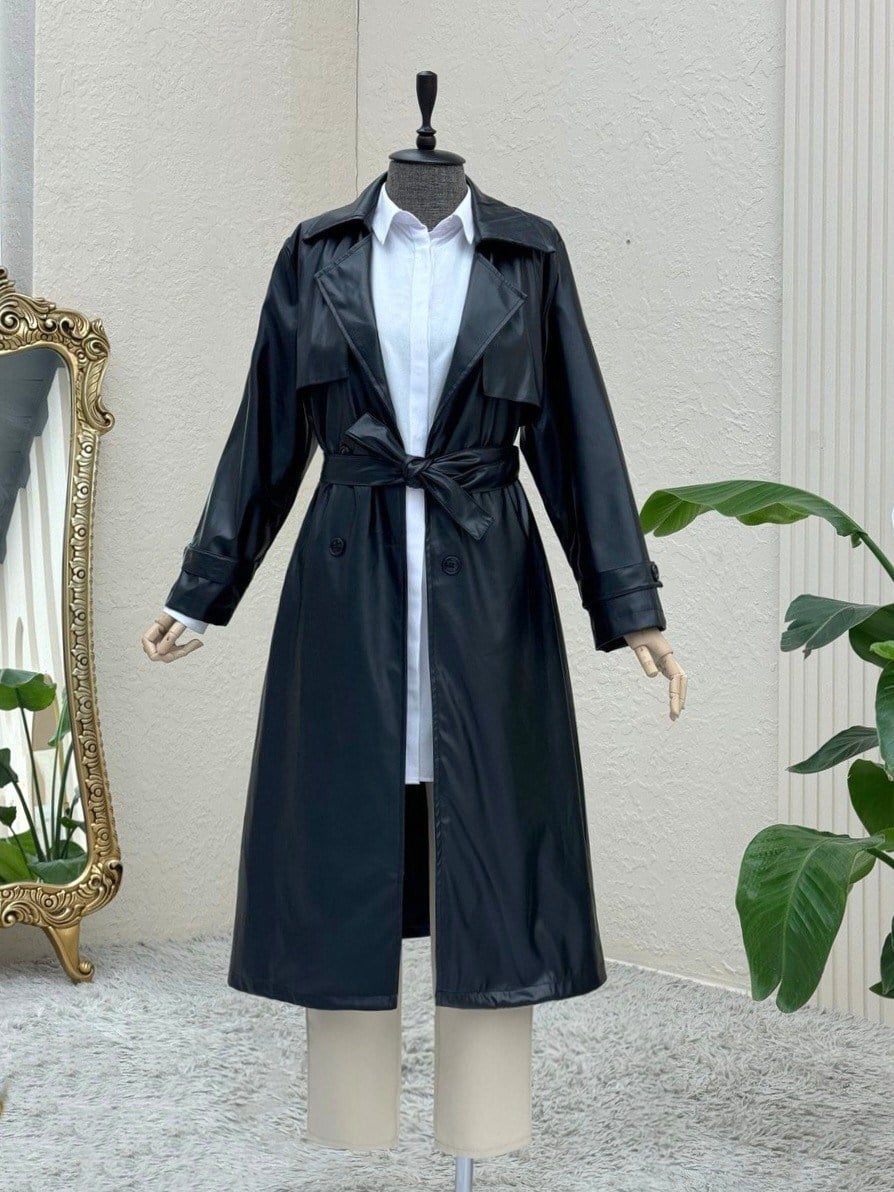 Bolerolu Beli Bağcıklı Uzun Deri Kap -Siyah