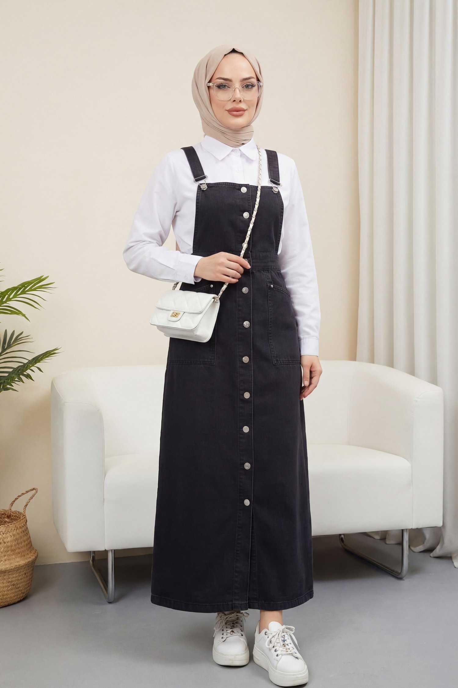 Boydan Düğmeli Çift Cepli Kot Salopet -Siyah