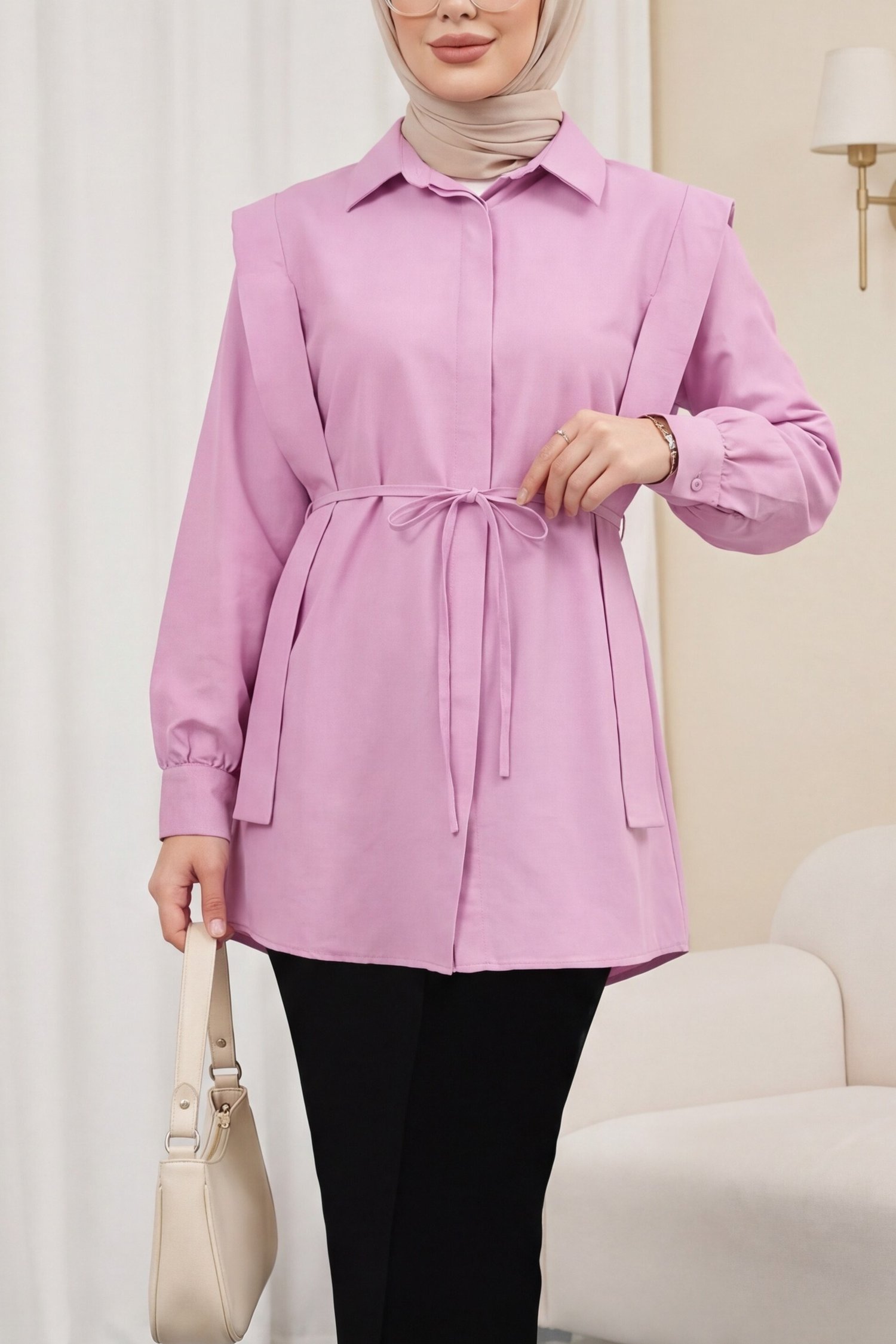 Boydan Düğmeli Omuz Detaylı Gömlek   -Pembe