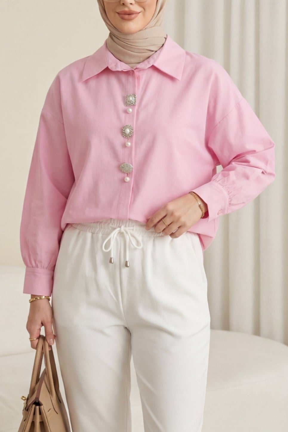Broş Detaylı Gizli Düğmeli Poplin Gömlek -Pembe