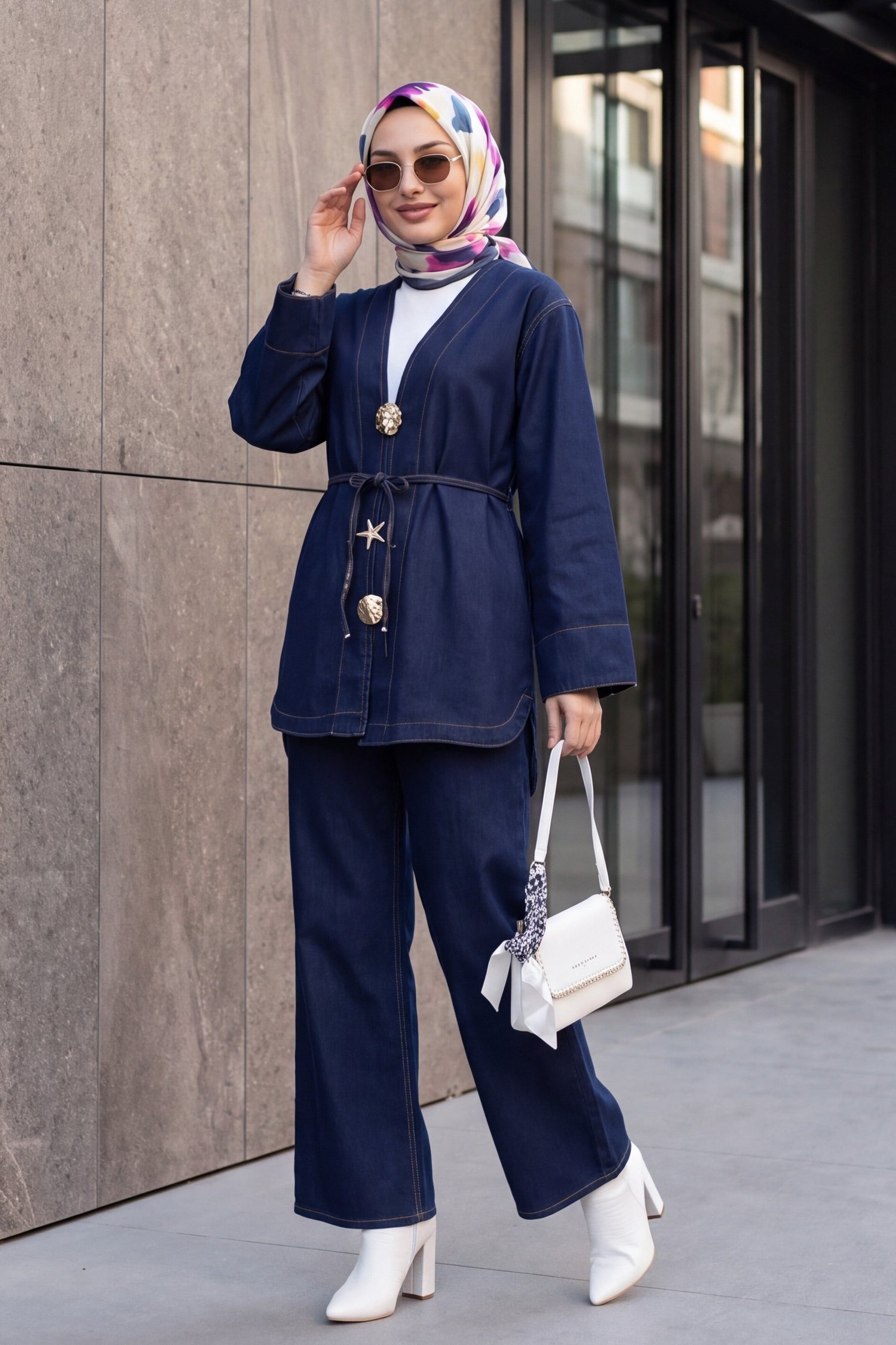 Broş Detaylı Kemerli Pantolonlu Kot Kimono Takım  -Koyu Lacivert