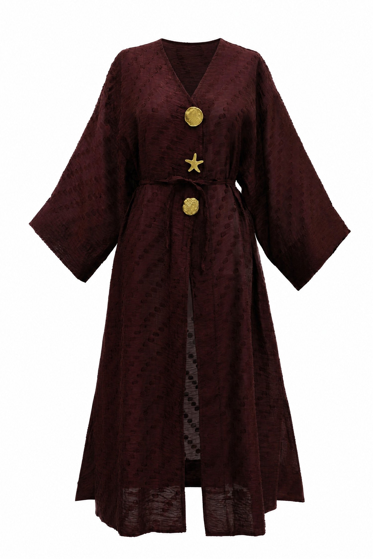 Broş Detaylı Yanları Yırtmaçlı Kabartma Puantiye Desenli Jakarlı Kimono -Bordo