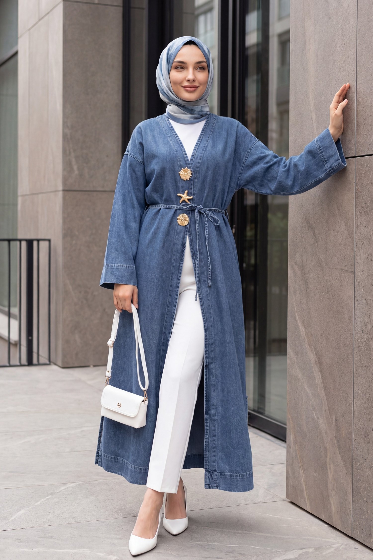 Büyük Broş Detaylı Kemerli Yırtmaçlı Uzun Kot Kimono -Buz Mavi