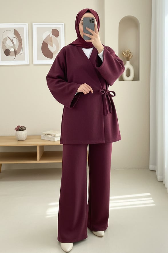 Çapraz Bağlamalı Kaşe Kimono -Bordo