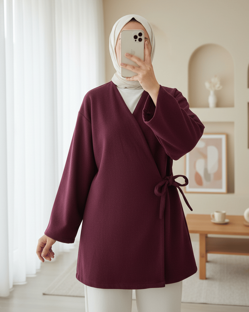 Çapraz Bağlamalı Kaşe Kimono -Bordo