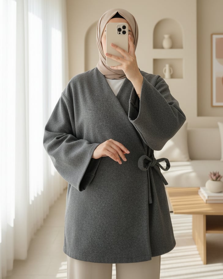 Çapraz Bağlamalı Kaşe Kimono -Füme