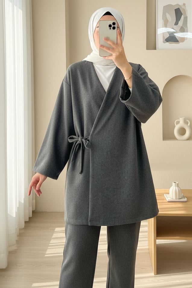 Çapraz Bağlamalı Kaşe Kimono -Füme