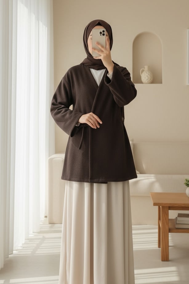 Çapraz Bağlamalı Kaşe Kimono -Kahve