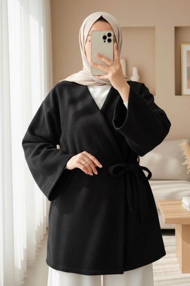Çapraz Bağlamalı Kaşe Kimono -Siyah