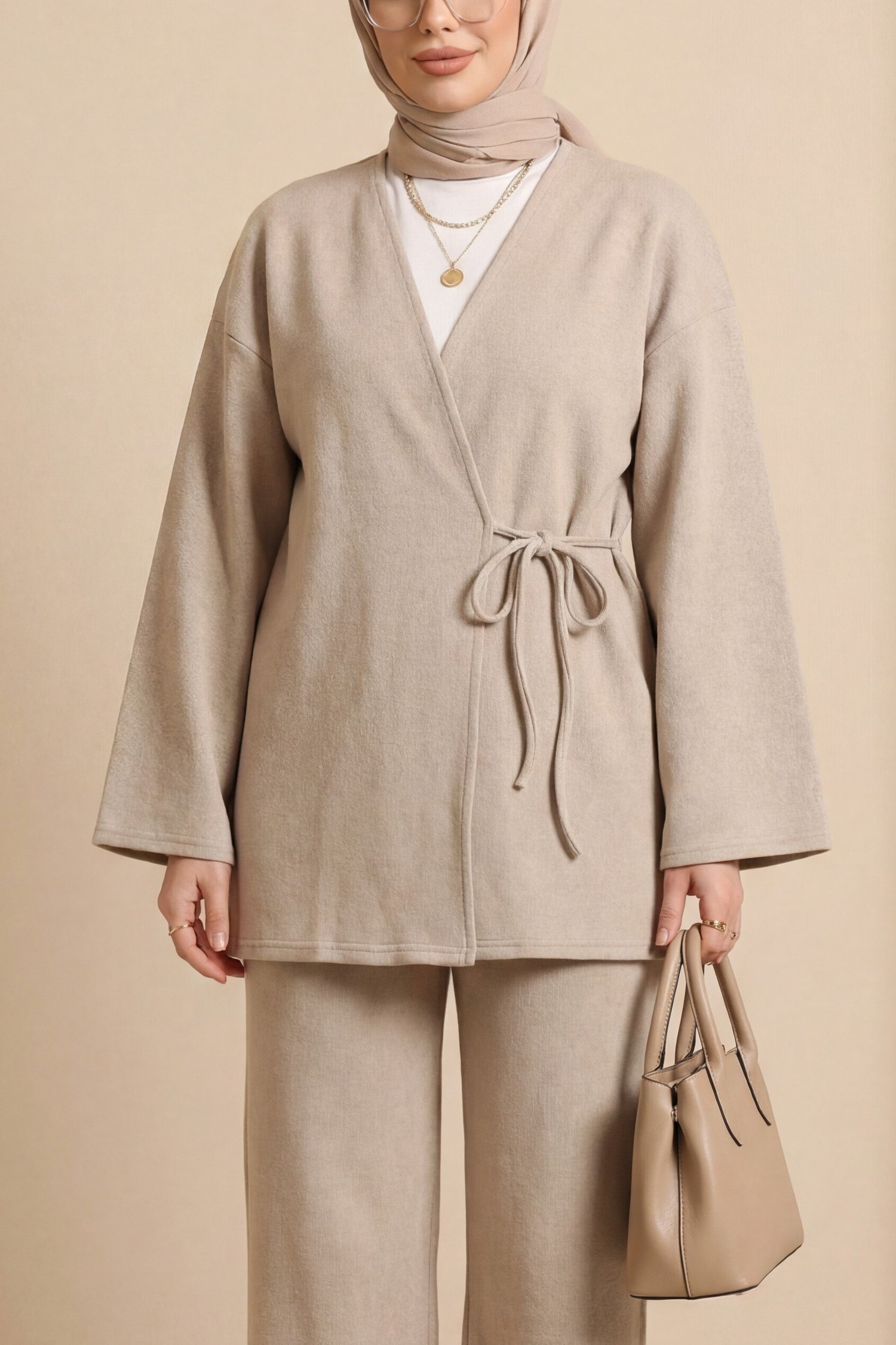 Çapraz Bağlamalı Selanik Kimono Takım -Bej