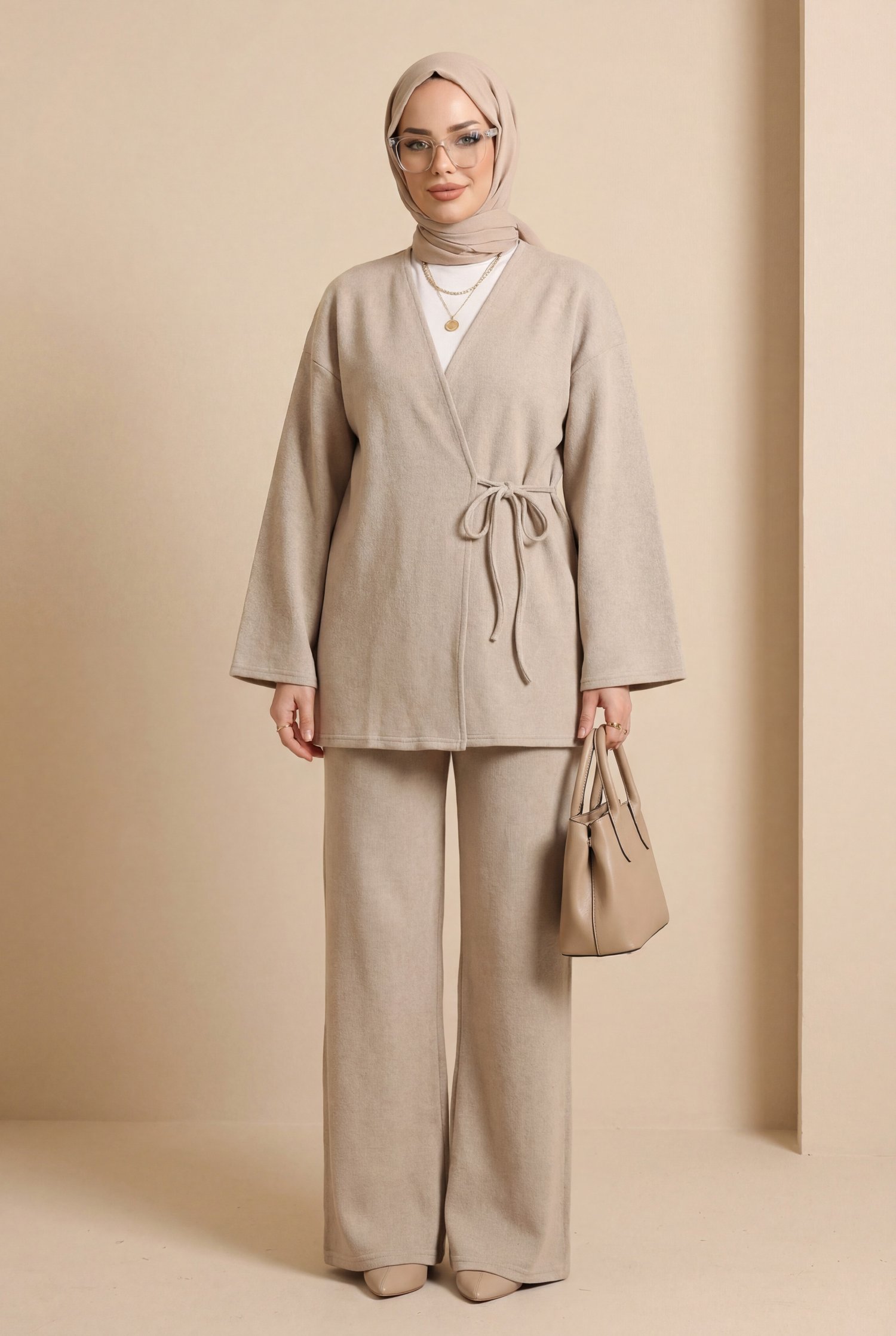 Çapraz Bağlamalı Selanik Kimono Takım -Bej