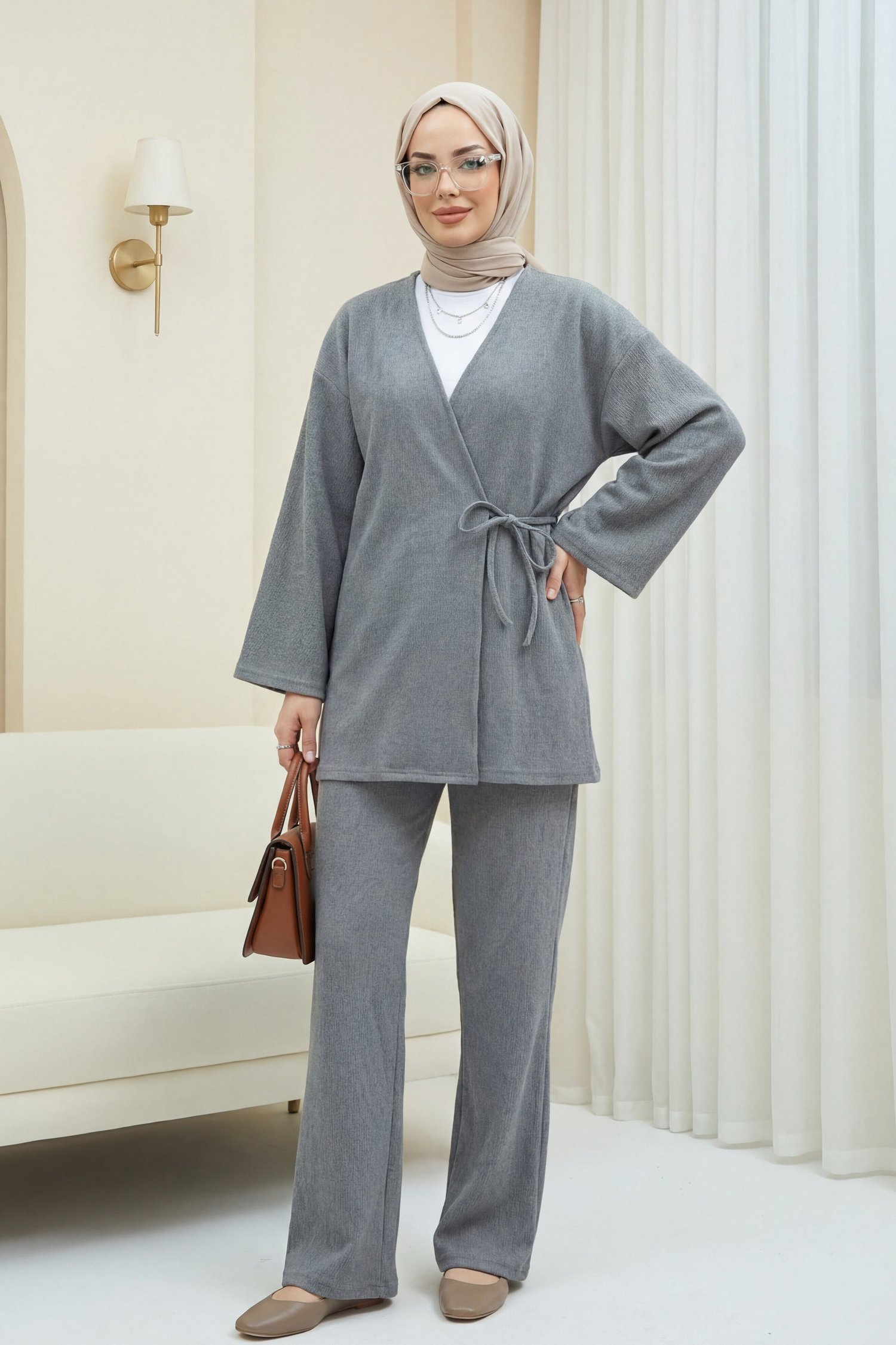 Çapraz Bağlamalı Selanik Kimono Takım -Gri